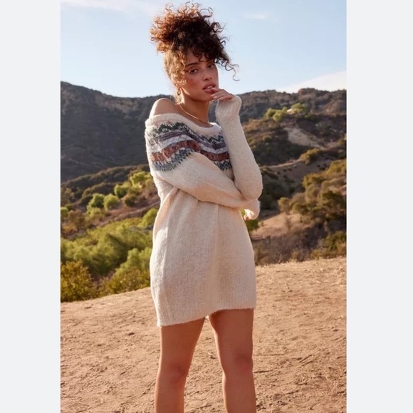 Lulus Where The Heart Is Cream Multi Knit Mini Sweater Dress Size L Womens new - Picture 2 of 8